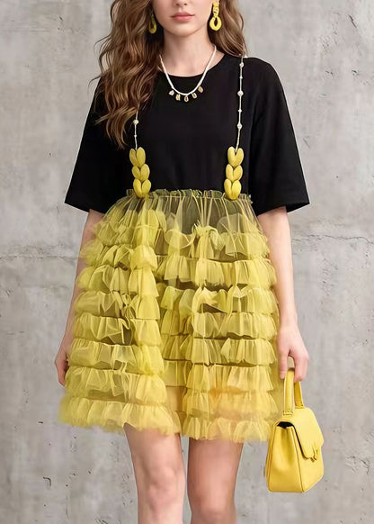 Black Tulle Ruffled Patchwork Cotton Mid Dress Summer