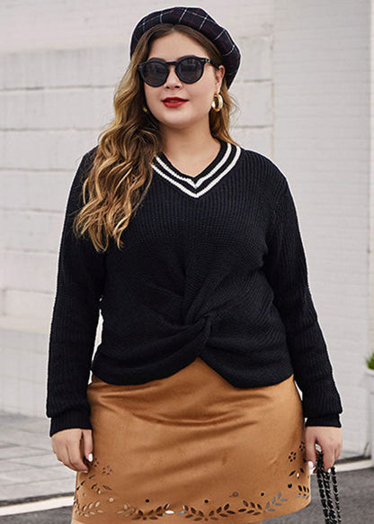 Black V Neck Patchwork Knit Sweaters Fall