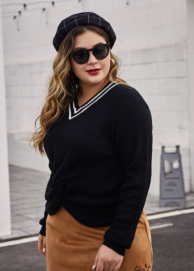 Black V Neck Patchwork Knit Sweaters Fall