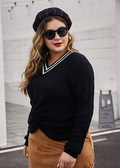 Black V Neck Patchwork Knit Sweaters Fall
