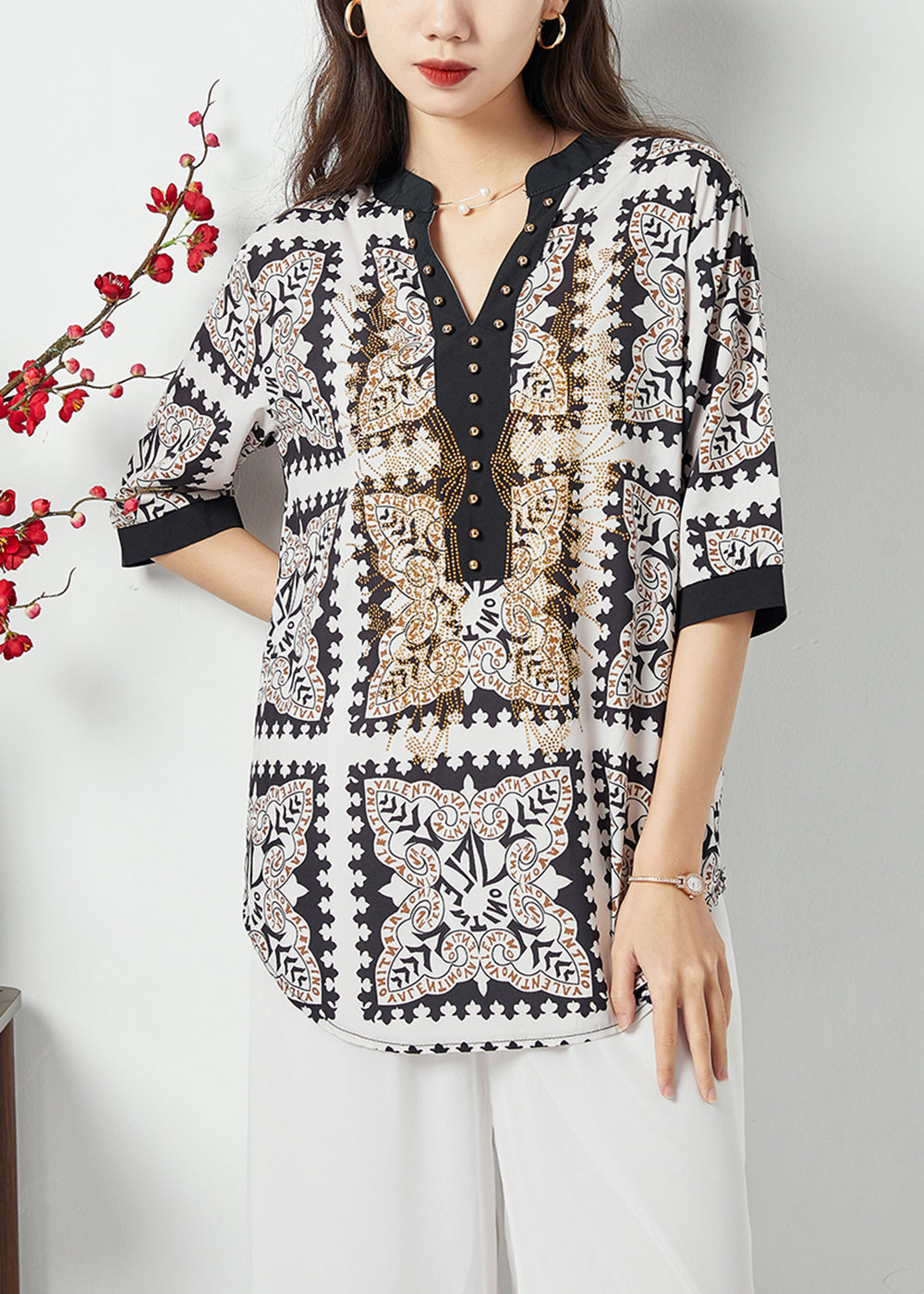 Black V Neck Print Draping Chiffon Blouses Summer