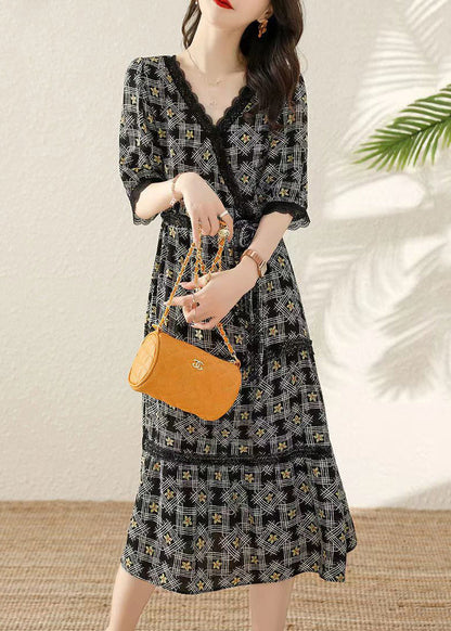Black V Neck Print Tie Waist Cotton Long Dresses Half Sleeve