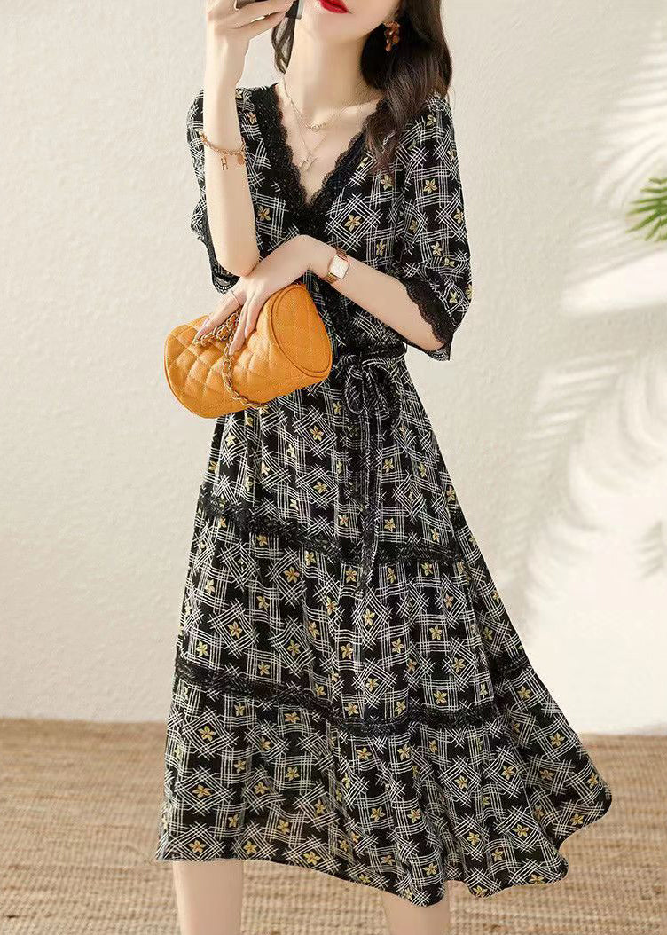 Black V Neck Print Tie Waist Cotton Long Dresses Half Sleeve