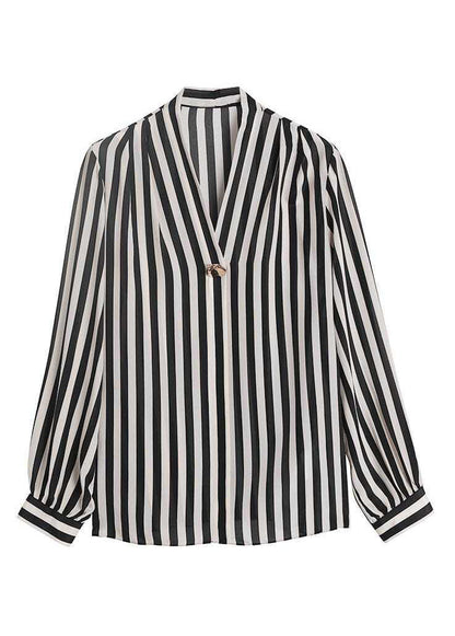 Black V Neck Striped Patchwork Silk Shirt Tops Spring