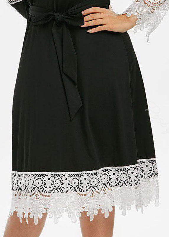 Black V Neck Tie Waist Button Lace Patchwork Knit Long Dress Long Sleeve