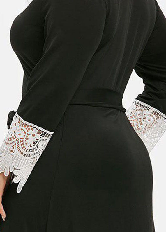 Black V Neck Tie Waist Button Lace Patchwork Knit Long Dress Long Sleeve
