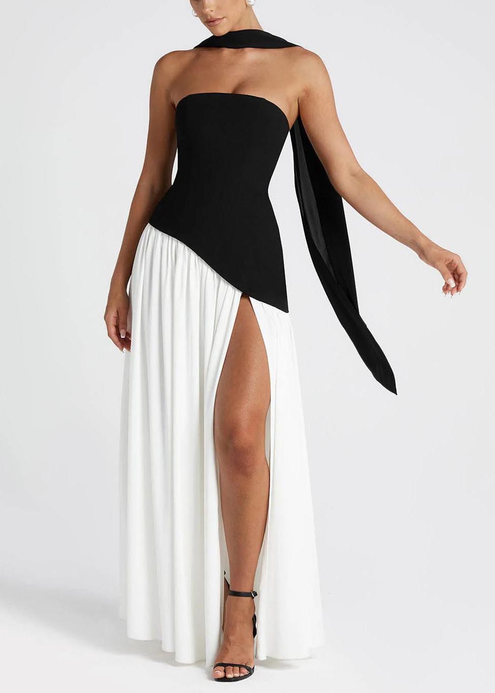 Black White Patchwork Side Open Chiffon Party Dresses