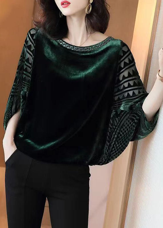 Blackish Green Zircon Patchwork Silk Velour Top Batwing Sleeve