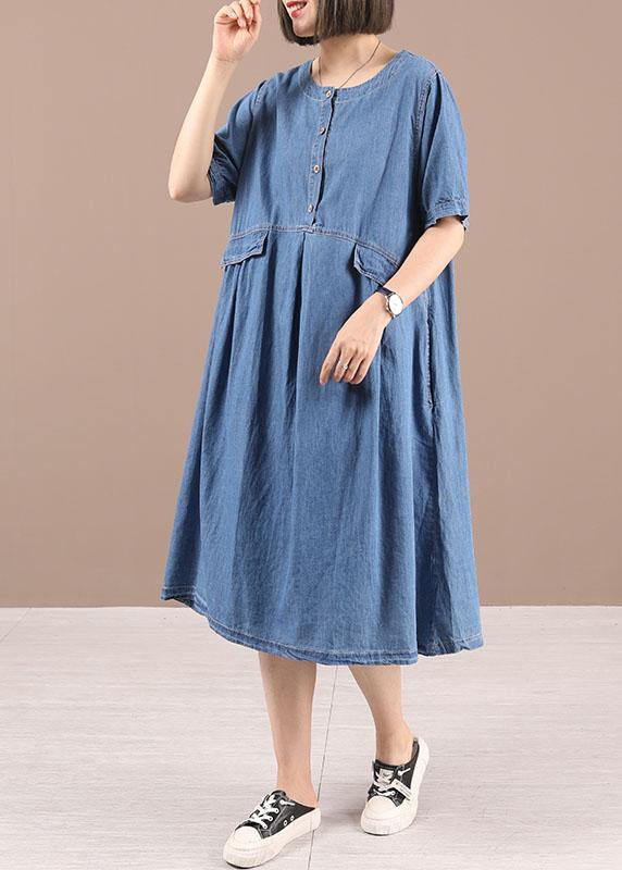 Blue Button Cinched Denim Summer Dresses