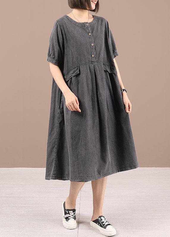 Blue Button Cinched Denim Summer Dresses