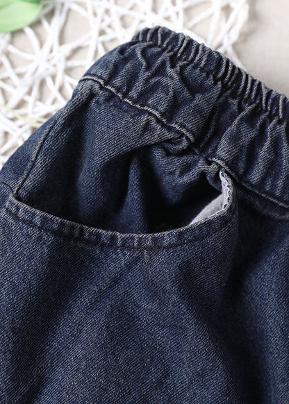 Blue Elastic Waist Pockets Harem Denim Fall Patchwork Pants