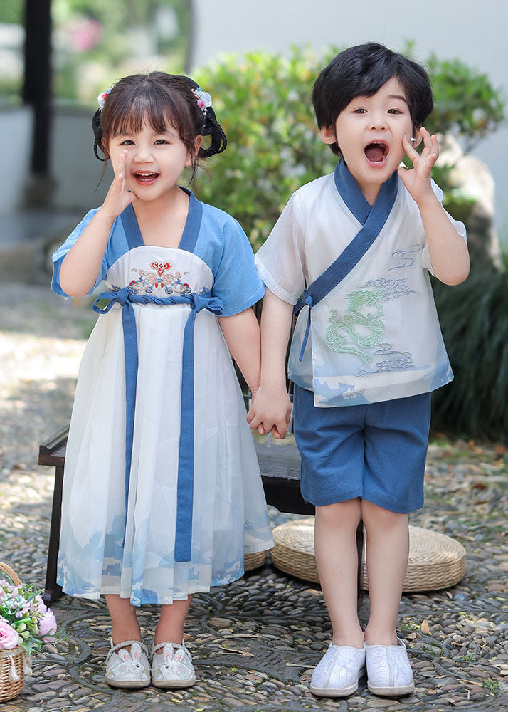 Blue Embroideried Patchwork Cotton Baby Dress Summer