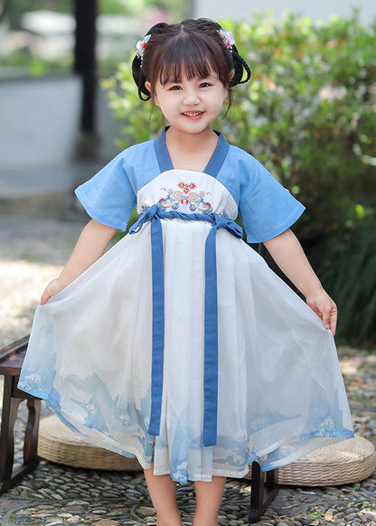 Blue Embroideried Patchwork Cotton Baby Dress Summer