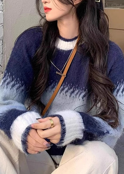 Blue Gradient O Neck Thick Cozy Knit Sweaters Winter