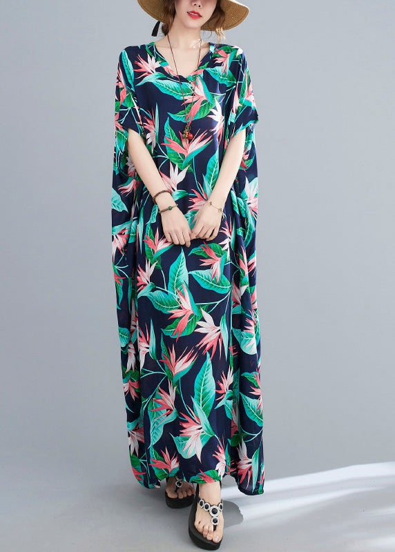 Blue Green V Neck Print Cotton Party Maxi Dress Summer