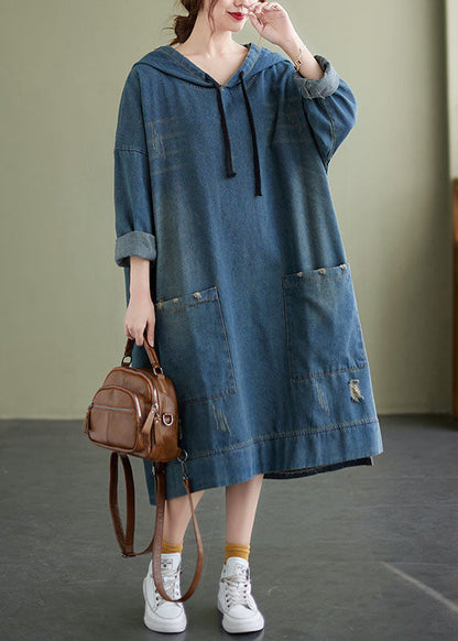Blue Hooded Drawstring Denim Dress Spring