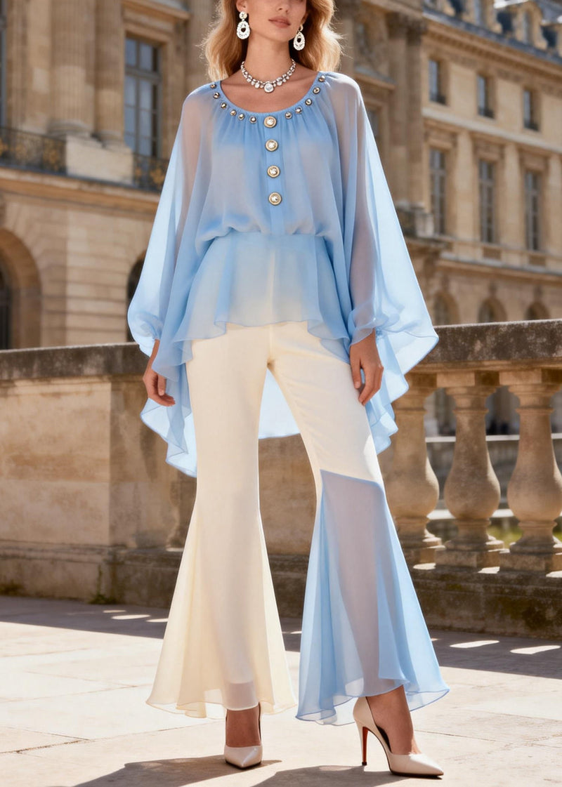 Blue O-neck Nail Bead Chiffon Shirts and Flared Trousers Two Pieces Set Lantern Sleeve