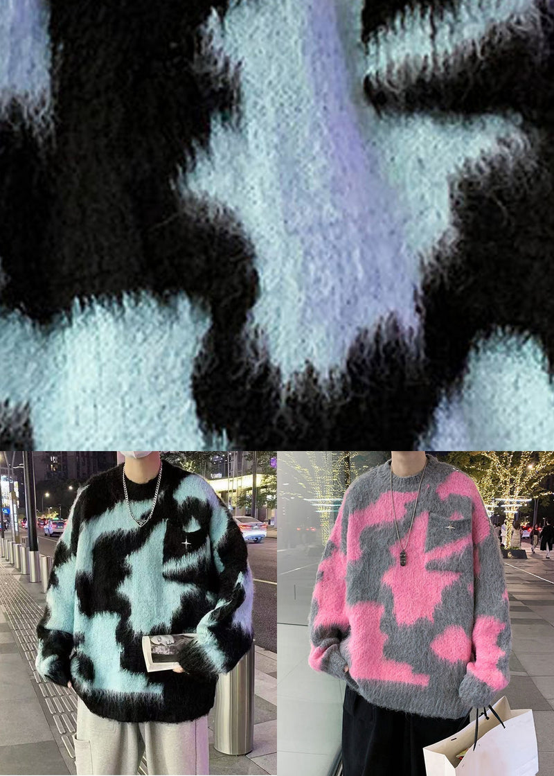 Blue O Neck Patchwork Knit Sweater Winter