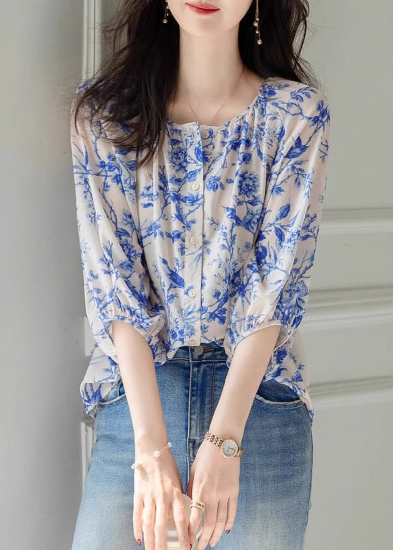 Blue O-neck Print Chiffon Top Summer