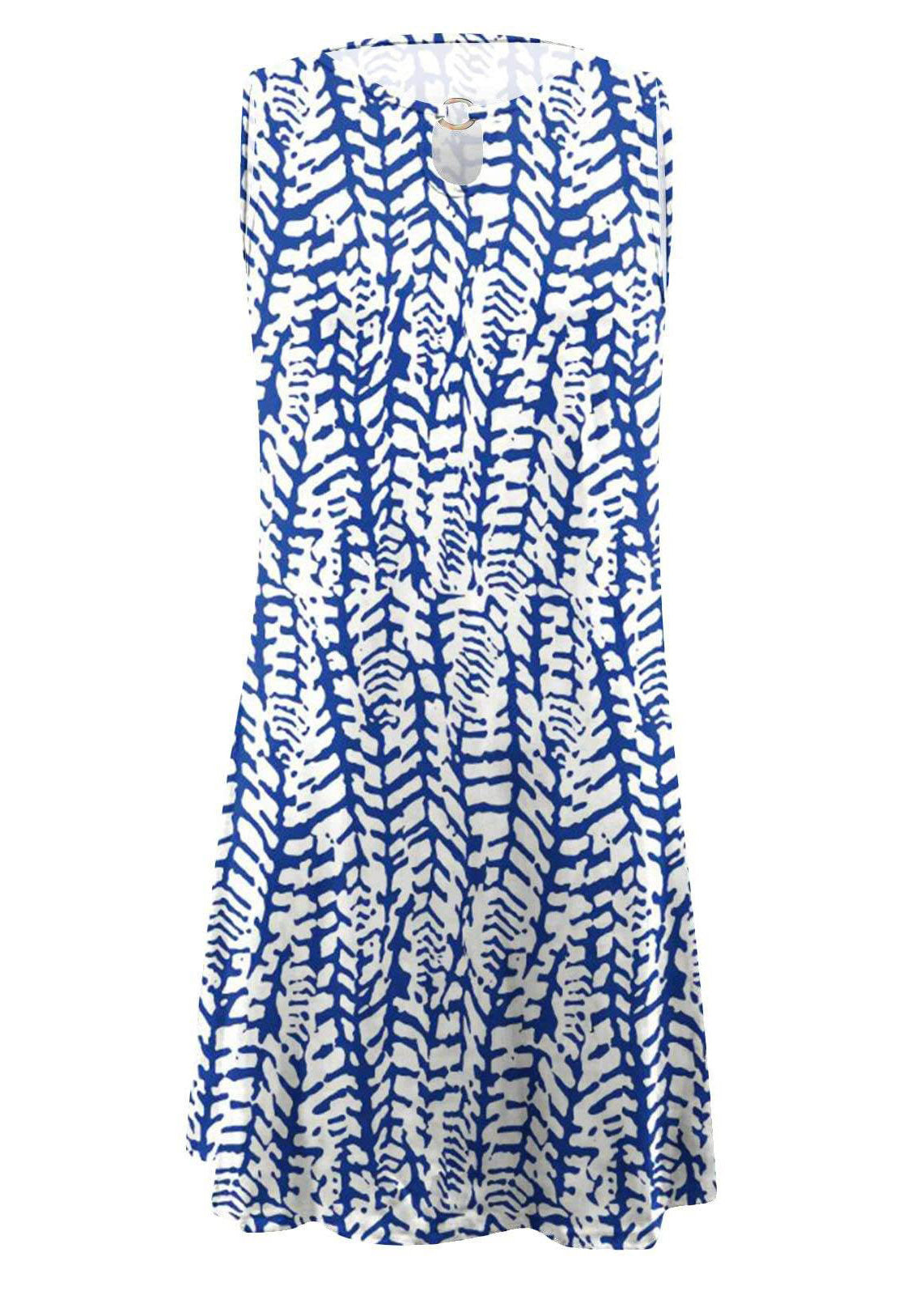 Blue O-neck Print Mid Dresses Summer