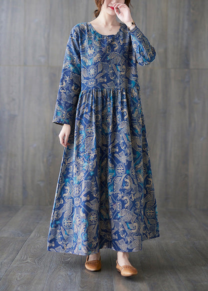 Blue O-neck Print Patchwork Long Dress Summer