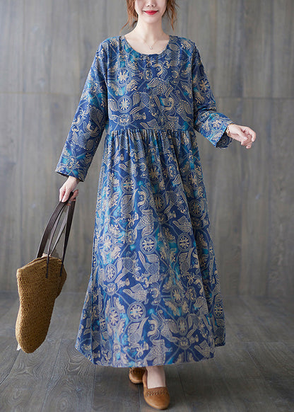 Blue O-neck Print Patchwork Long Dress Summer