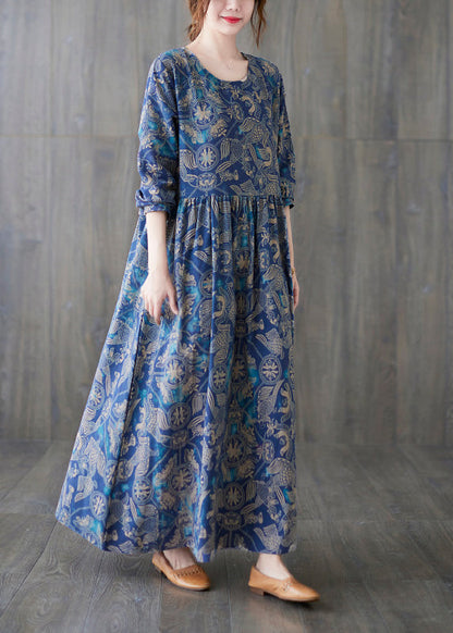 Blue O-neck Print Patchwork Long Dress Summer