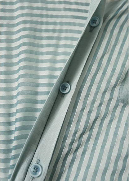 Blue O-neck Striped Patchwork Fake Two Pieces Button Long Dress Summer