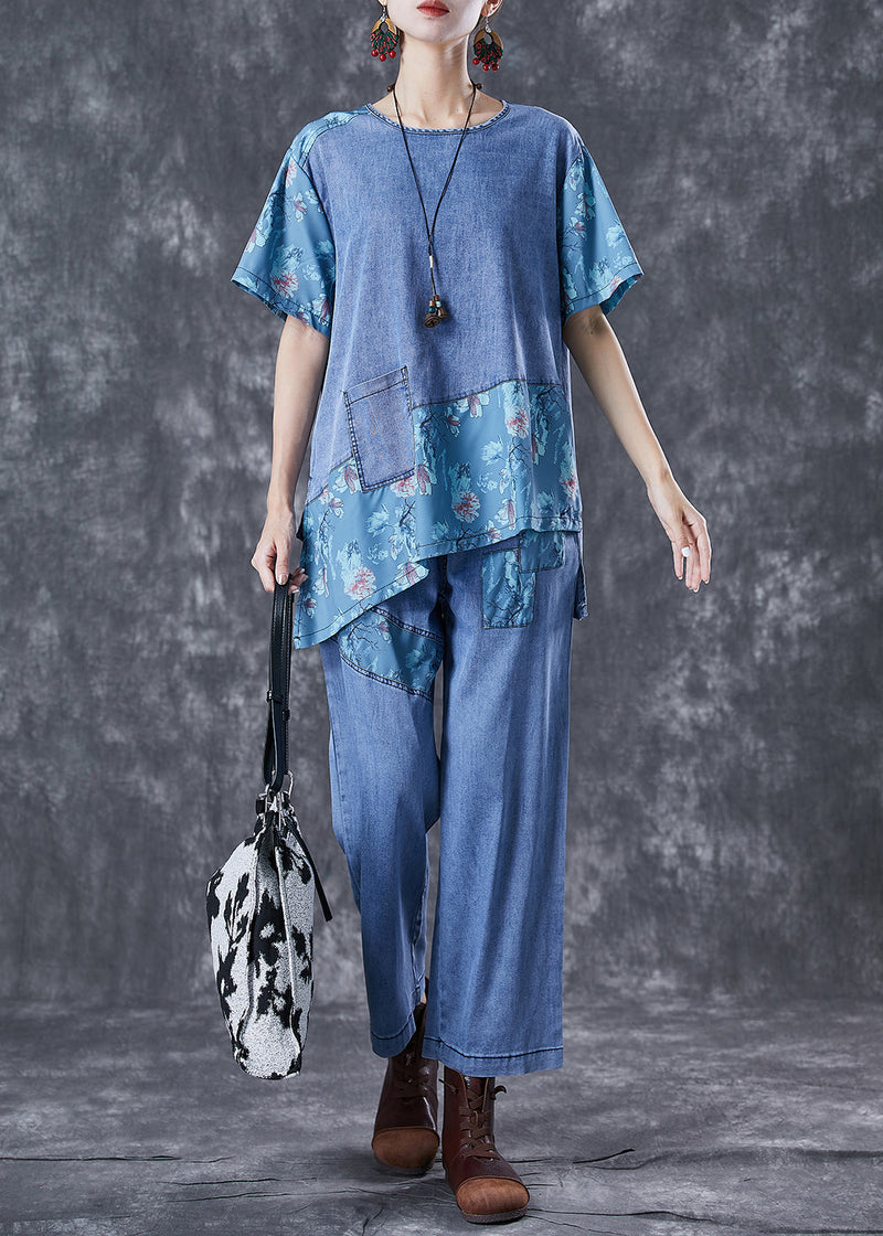Blue Oversized Asymmetrical Patchwork Denim Two Pieces Set Summer