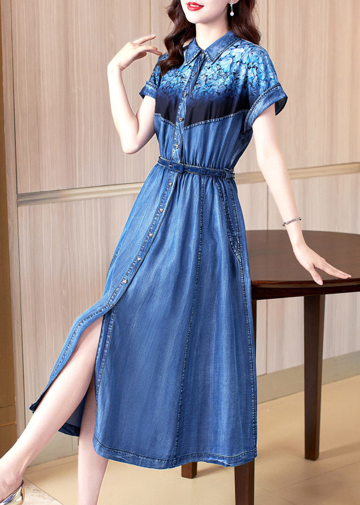 Blue Peter Pan Collar Print Patchwork Button Sashes Cotton Vacation Denim Long Dresses Summer