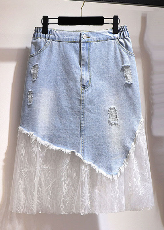 Blue Pockets Hole Tulle Patchwork Denim Skirt Summer
