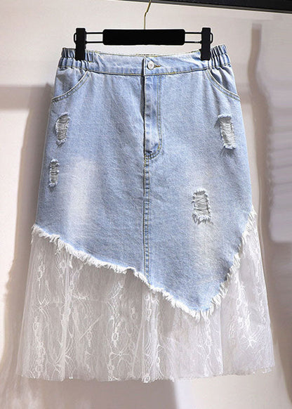 Blue Pockets Hole Tulle Patchwork Denim Skirt Summer