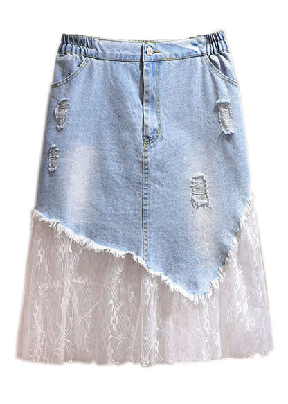 Blue Pockets Hole Tulle Patchwork Denim Skirt Summer