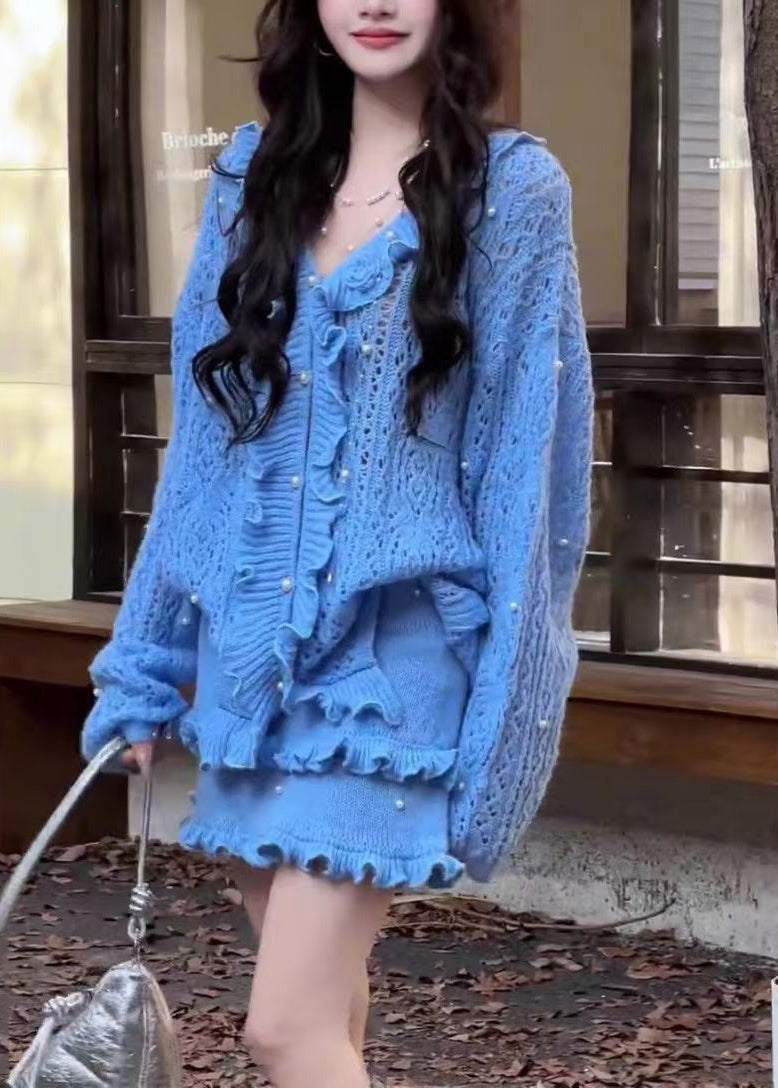 Blue Ruffled Nail Bead Knit Two Piece Set Winter