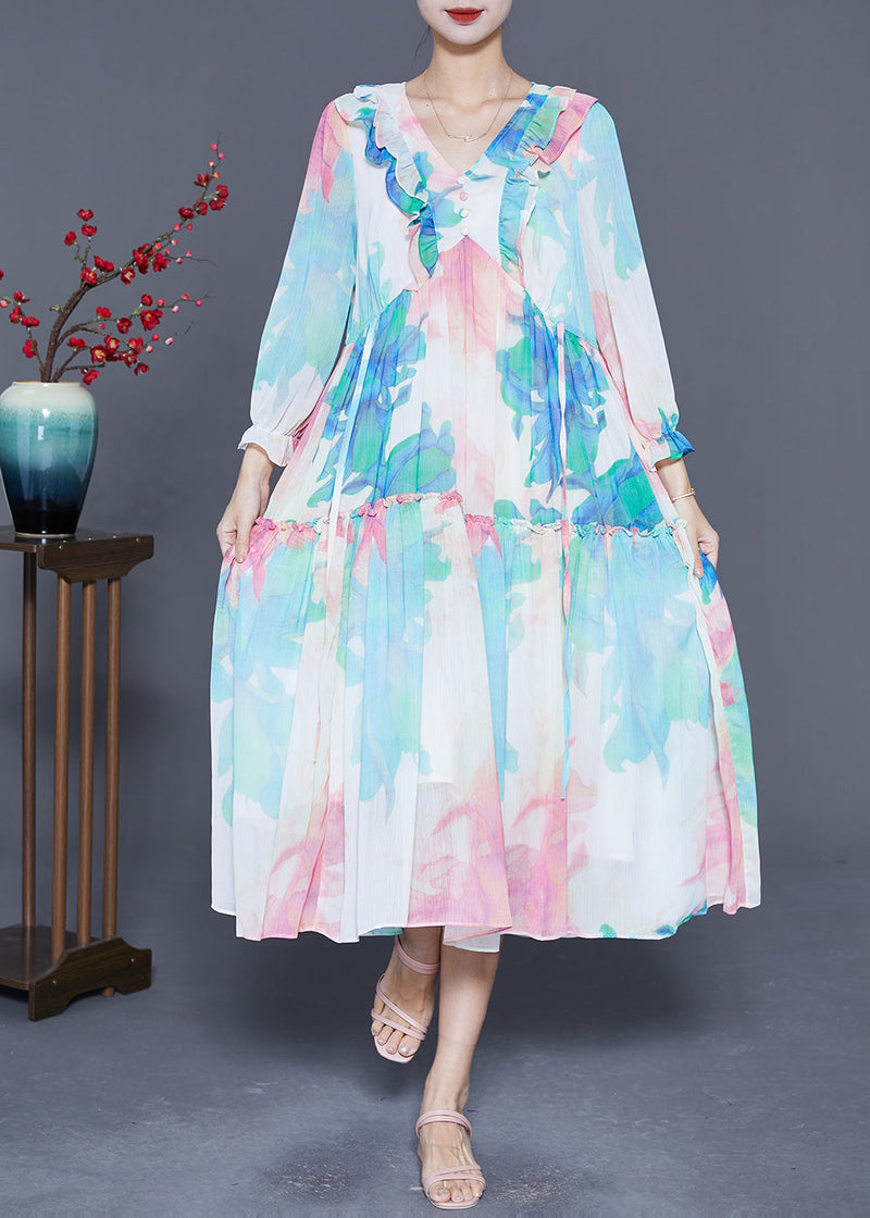 Blue Ruffled Patchwork Print Chiffon Holiday Dresses Summer