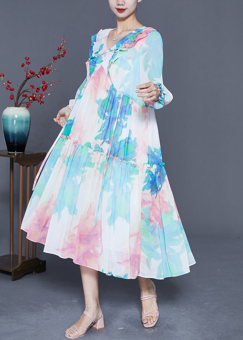 Blue Ruffled Patchwork Print Chiffon Holiday Dresses Summer
