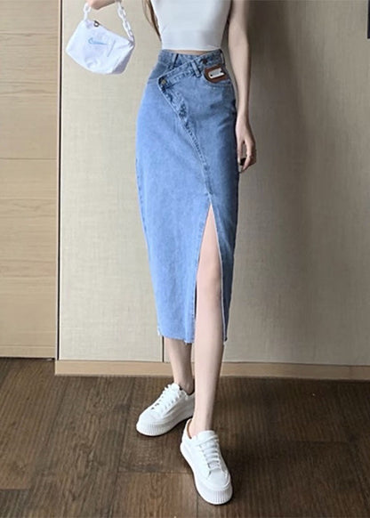 Blue Side Open Asymmetrical Patchwork Denim Maxi Skirts Summer