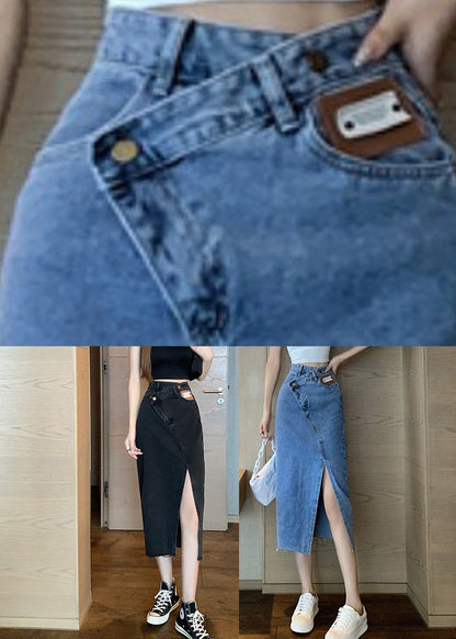 Blue Side Open Asymmetrical Patchwork Denim Maxi Skirts Summer