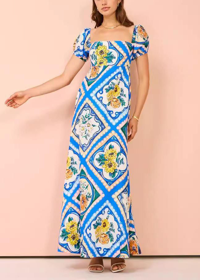 Blue Square Collar Print Long Dress Short Sleeve