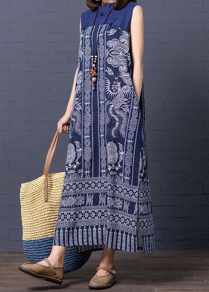 Blue Stand Collar Print Patchwork Cotton Summer Dress Sleeveless