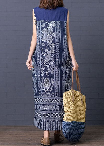 Blue Stand Collar Print Patchwork Cotton Summer Dress Sleeveless