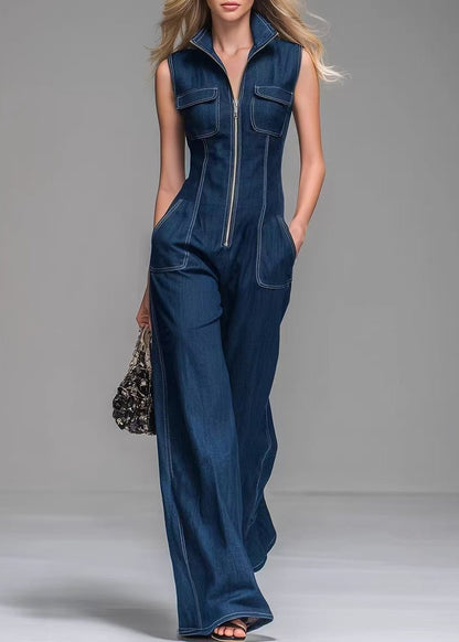 Blue Stand Collar Zip Up Denim Jumpsuits Sleeveless