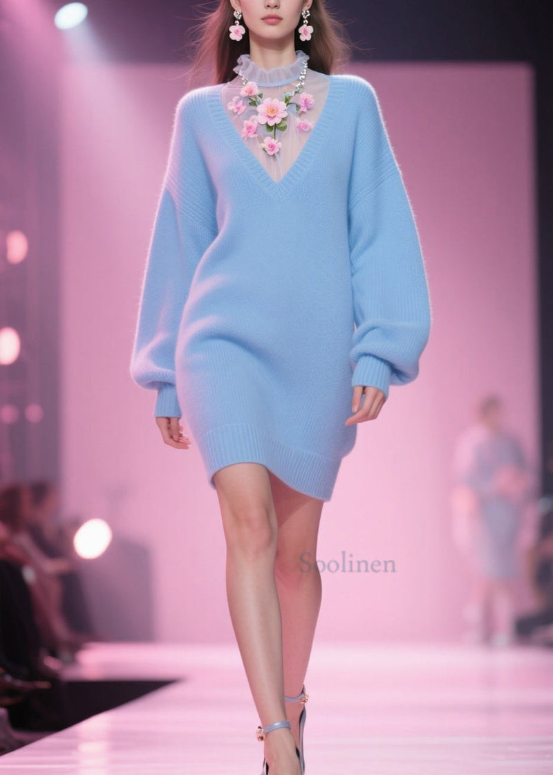 Blue Tulle Patchwork Knit Mid Dress Fall