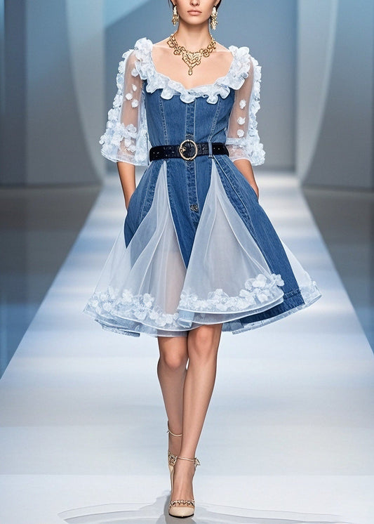 Blue Tulle Ruffled Denim Mid Dress Summer