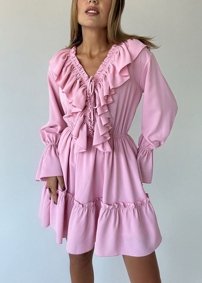 Blue V Neck Ruffled Cotton Mid Dress Flare Sleeve