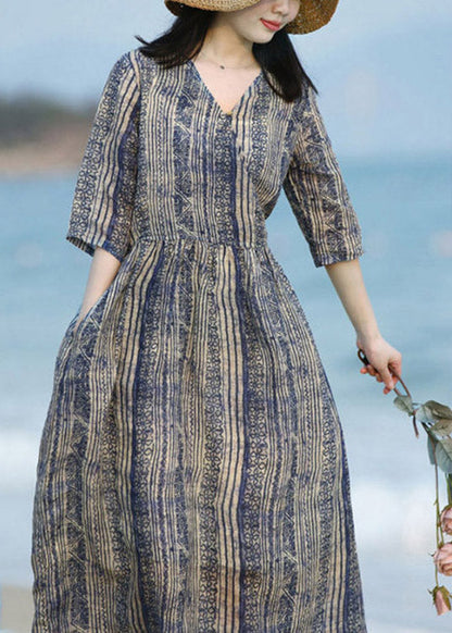 Blue V Neck Striped Patchwork Pockets Linen Dresses Short Sleeve