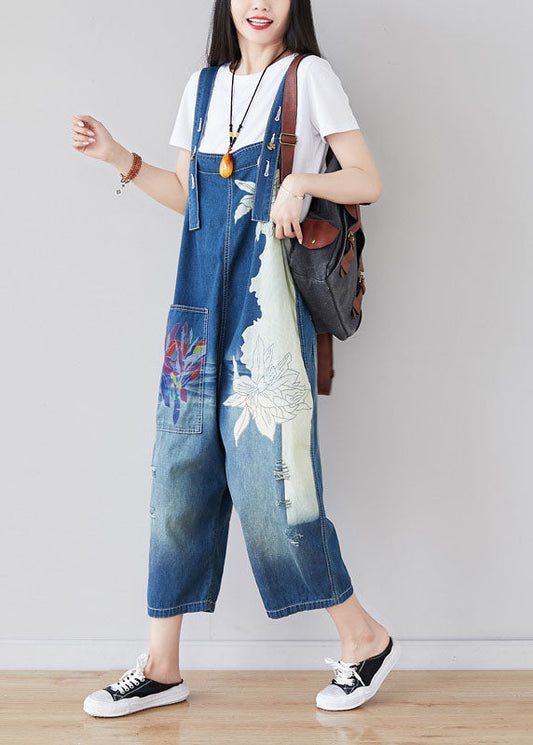 Blue Pockets Print Patchwork Jumpsuit Summer