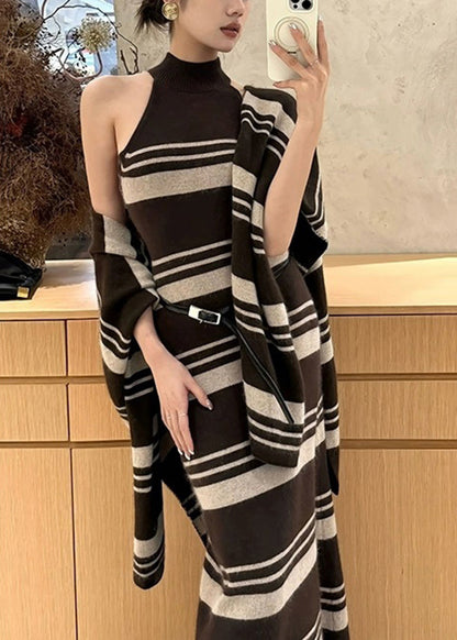 Brown Striped Cardigans and Sweater Dress Knit Two Pieces Set Spring