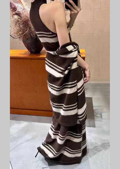 Brown Striped Cardigans and Sweater Dress Knit Two Pieces Set Spring
