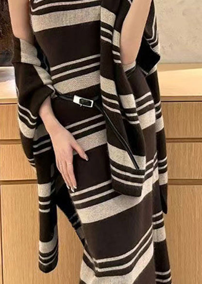 Brown Striped Cardigans and Sweater Dress Knit Two Pieces Set Spring
